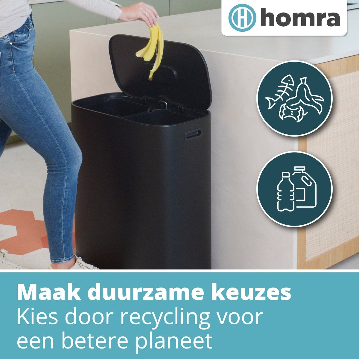 Homra Poubelle à double compartiment 60L  - Pédale en métal - filtre anti odeurs -2x30L - Noir