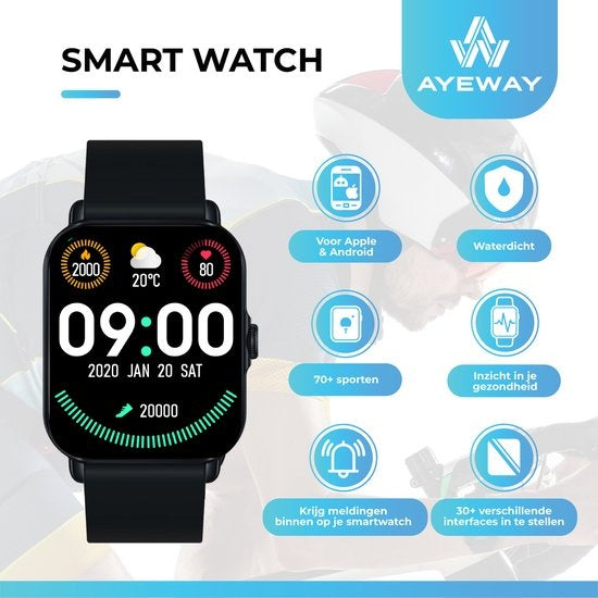 AyeWay Smartwatch - Waterproof & Touchscreen - 70 Sports Modes - With App - Smartwatch Men & Women - Black