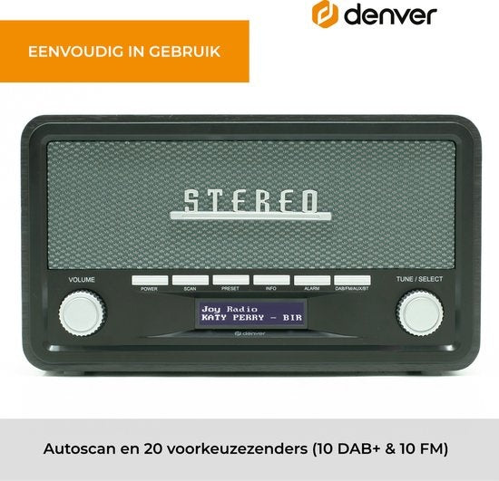 Denver DAB Radio - Model 2023 - Retro Radio - Bluetooth - DAB+/ FM - Dimmable - Batteries & secteur - DAB18 - Darkgrey