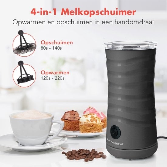KitchenBrothers Mousseur à lait électrique - 4 en 1 - 240 ML - Mousseur à lait pratique - Anthracite