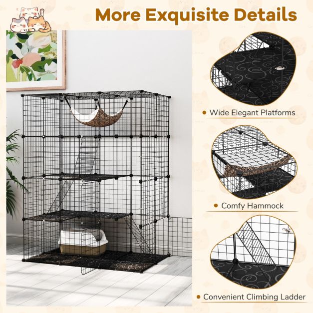 Cage à chat spacieuse à 4 étages de 143 cm de haut - Cage en métal noir avec hamac, étagères et échelles pour chats et petits animaux de compagnie