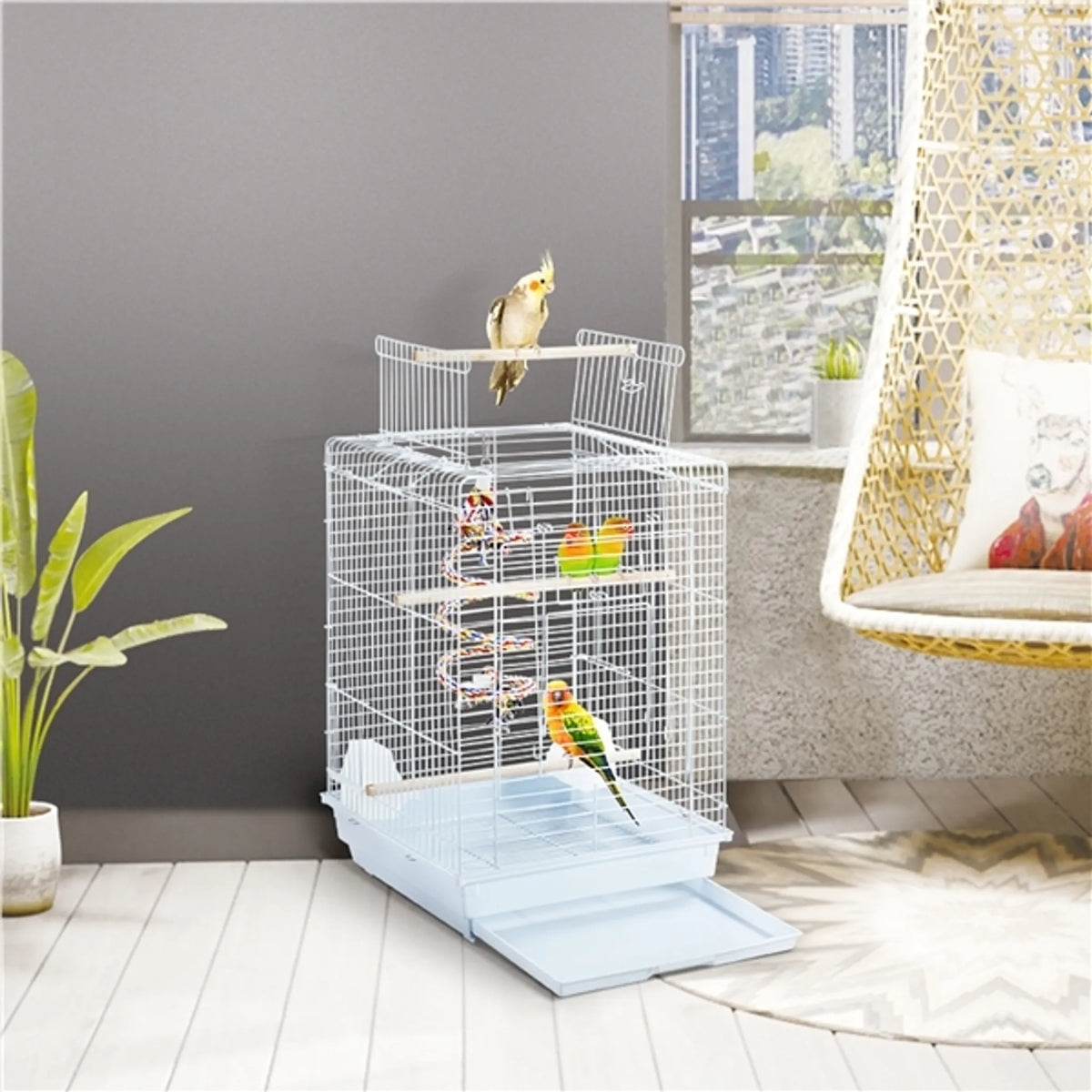 Yaheetech Cage à oiseaux avec jouets - 40 x 40 x 58 cm - équipée d'une ouverture supplémentaire en haut et d'un plateau coulissant et de 4 perchoirs en bois - pour perruches et canaris - métal noir et bois