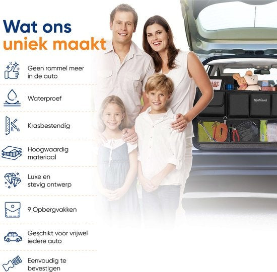 TenTravel Trunk Organizer - Car Organizer Trunk - Car Seat Organizer - Waterproof and Scratch Resistant - With 9 Storage Compartments