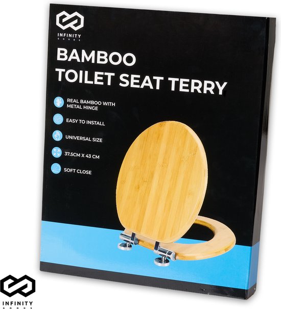 Infinity Goods Bamboo Toilet Seat Terry - Toilet Seat With Lid - Soft Close - Stainless Steel Hinges - Includes Fixing hardware