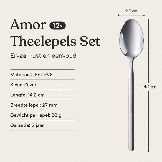 Deleca, lot de 12 cuillères à thé « Amor » - Cuillères à dessert / Cuillères à café - 14,2 cm - Acier inoxydable / Argent