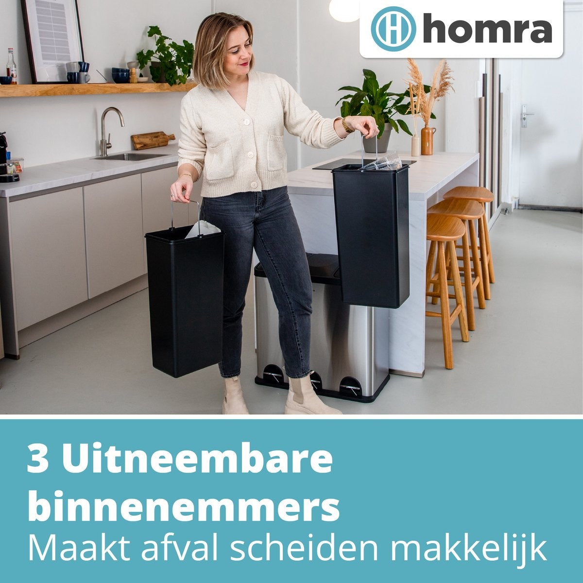 Poubelle 3 compartiments - Homra MAXER - Poubelle 60 litres (3x 20L) - acier inoxydable - Argenté