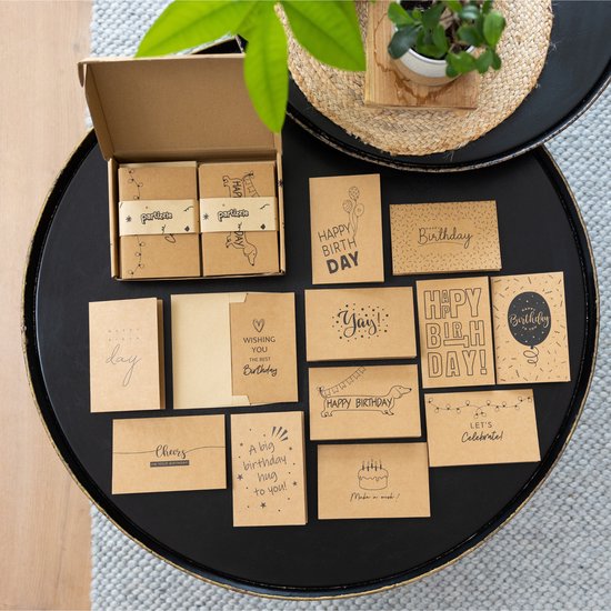Partizzle 36x Cartes d'anniversaire durables avec enveloppe - Envoyer des cartes postales - Cartes d'anniversaire amusantes en kraft - Adultes - 15x10 cm
