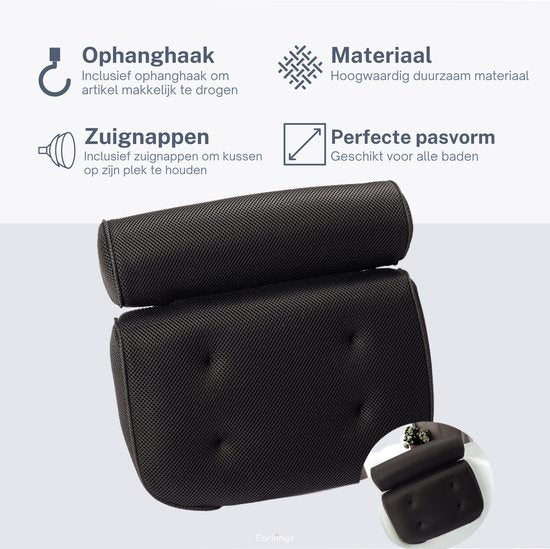 Earkings Coussin de bain avec 6 ventouses et crochet de suspension - Coussin de bain pour la salle de bain - Accessoires de bain Coussin de cou pour la salle de bain - Appui-tête pour la salle de bain Noir
