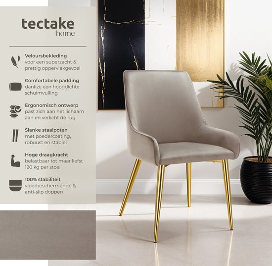 tectake® Chaise de salle à manger Avane - Aspect velours - Chaise ergonomique rembourrée avec pieds en acier doré - Capacité 120 kg - Chaise de salle à manger et de cuisine moderne - Lot de 2 - Taupe
