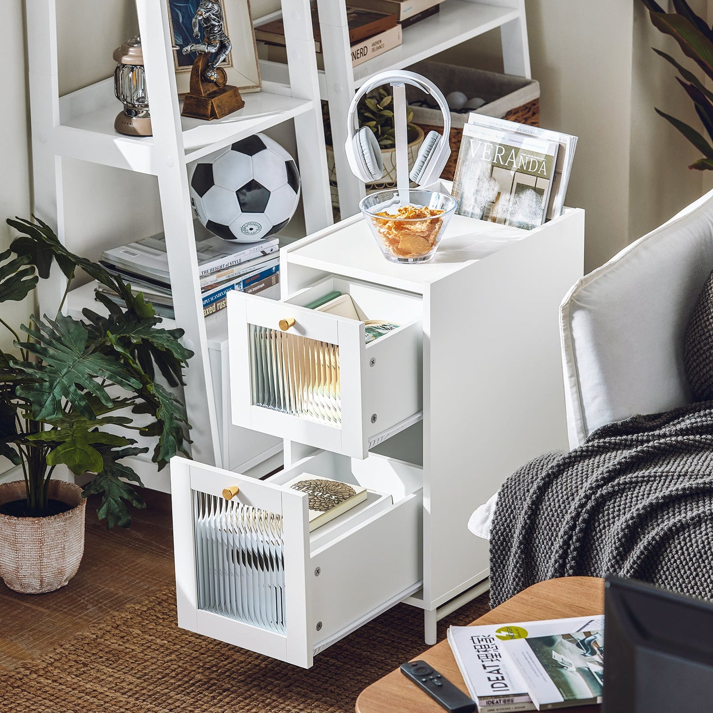 SoBuy Table de chevet - avec 2 tiroirs en verre et rangement - 30 x 45 x 65 cm - blanc