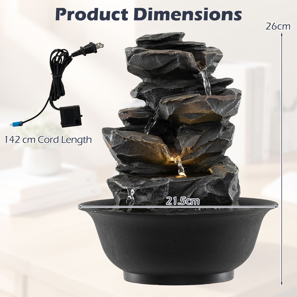 Fontaine de table Coast - cascade aspect rocheux - éclairage LED - noir - 21,5 x 26 cm