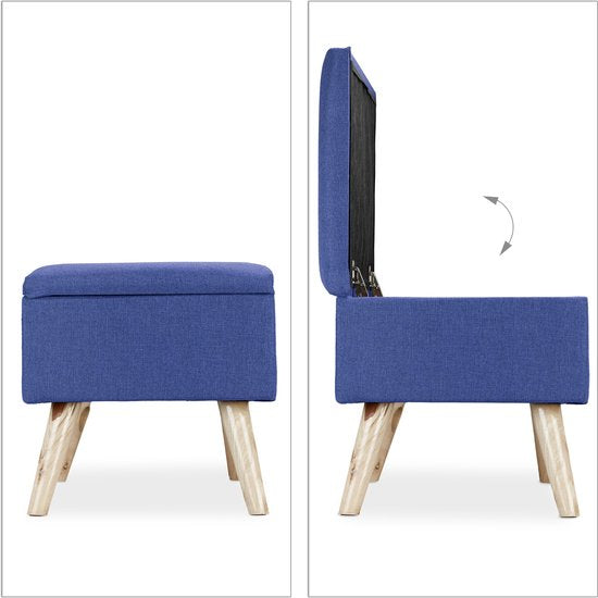 banc avec rangement - 39,5 x 79,5 x 39,5 cm - coussin - pieds en bois - banc d'entrée - bleu