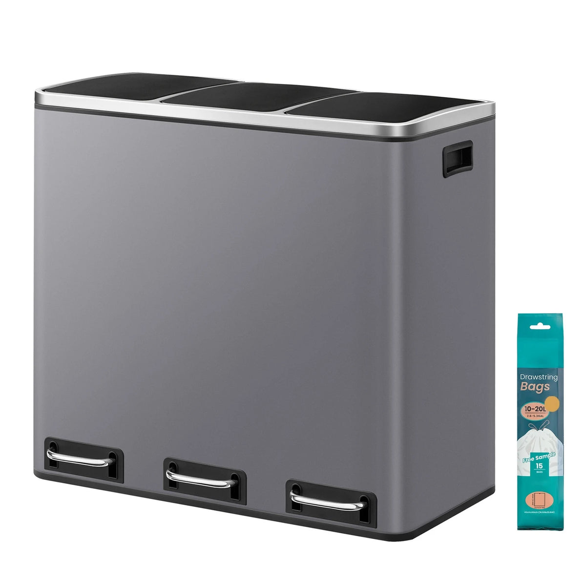 Poubelle Joyfurnos à 3 compartiments, 61 x 31,5 x 55,5 cm, grise, à fermeture douce, en acier inoxydable, pour déchets de cuisine