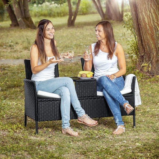 Banc de jardin en osier avec table, Tectake, banc 2 places, 131x61x82 cm, balcon et terrasse, Avec coussin d'assise, naturel/gris foncé, poly-rotin