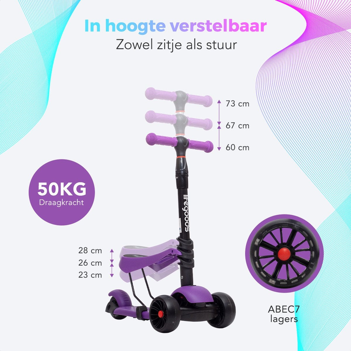 LifeGoods MultiRider Scooter pour enfants - Étape 3-8 ans - Siège réglable - Roues lumineuses - Garçons/Filles - Violet