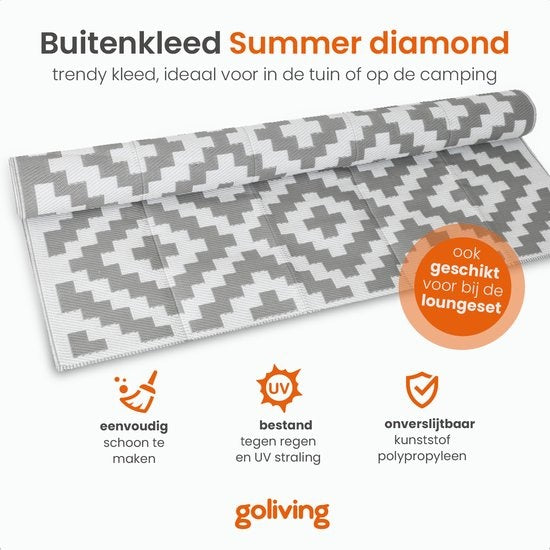 Goliving Tapis d'extérieur Summer Diamond - Tapis de jardin - Tapis d'extérieur - Tapis - Tapis de jardin - Réversible - Sac de transport inclus - 183 x 290 cm - Gris/Blanc