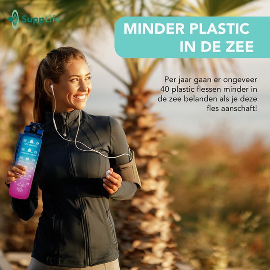 Gourde motivante Supplife - Gourde de 1 litre - Gourde avec repères horaires - Avec paille - Adultes - Enfants - Bleu et rose