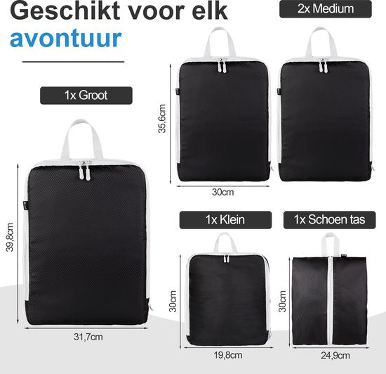 Set de cubes de compression - 5 pièces - Compression Zip - Sac à dos / Bagages / Valise - Noir - Saaf
