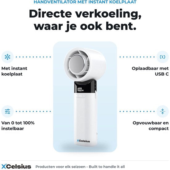 Ventilateur portable XCelsius® - Mini-ventilateur pliable - Rechargeable via USB-C - Réglage continu de 0 % à 100 % - Avec plaque de refroidissement instantanée - Blanc