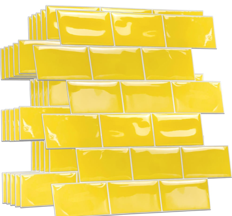 WALPLUS Pure Yellow Glossy Subway Peel & Stick Backsplash 3D Tile Stickers 20 pieces - 30.5 x 15.4 cm - Jaune