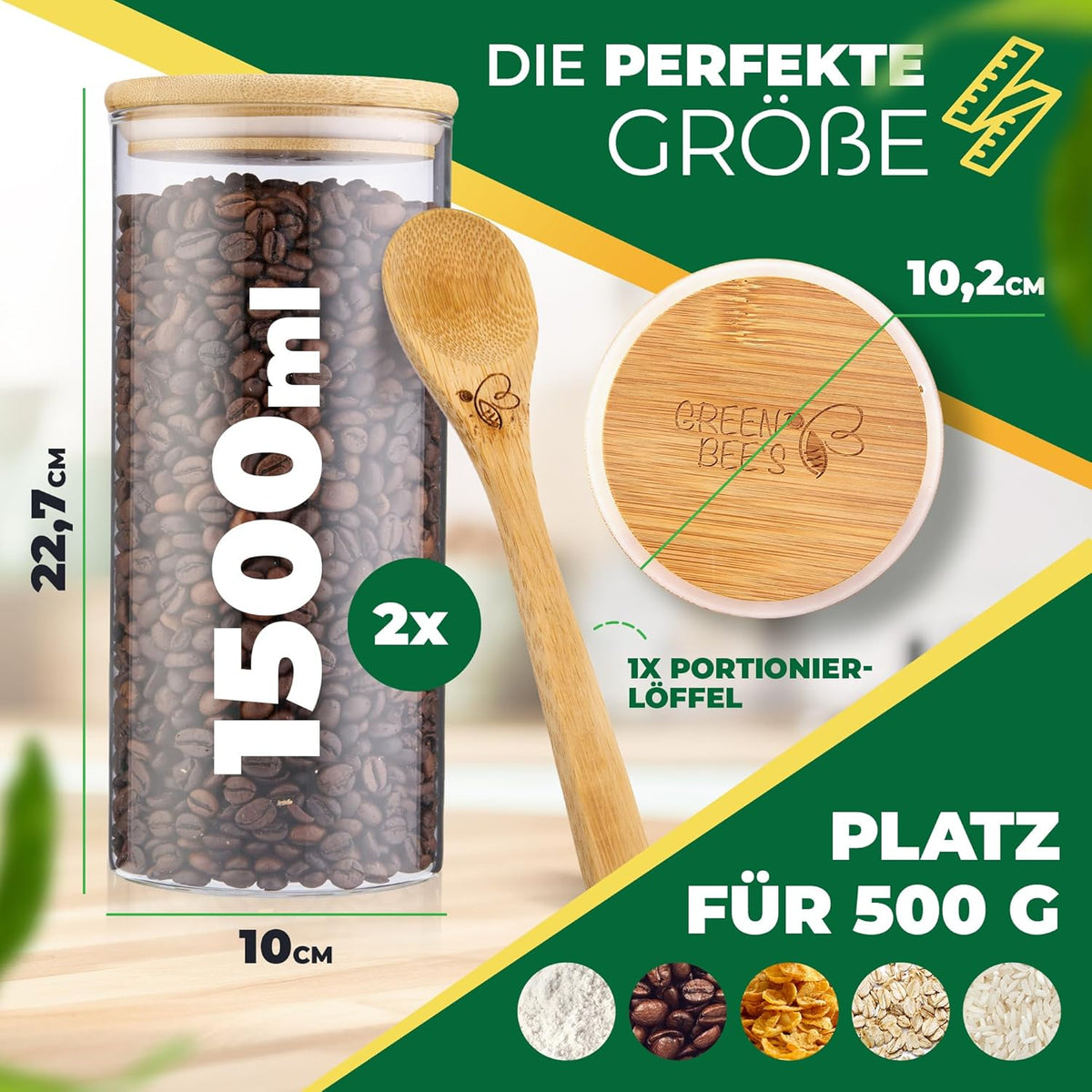 GREEN BEE`S Bocal à provisions grand - 2x1500ml Nouveau modèle - Convient parfaitement pour le tiroir et l'armoire à pharmacie - Bocaux à provisions durables avec couvercle hermétique - Pour la farine, le sucre, les pâtes, le café et les flocons d'avoine