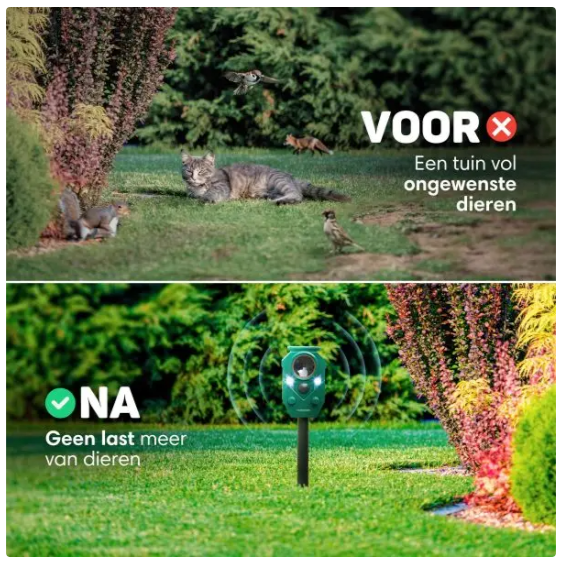 Vulpes Goods® - Cat Dispatcher Premium - 5 x 9 x 14 cm - 5 modes de fonctionnement, capteur PIR, flashs LED et énergie solaire - pour le jardin et le balcon - plastique vert