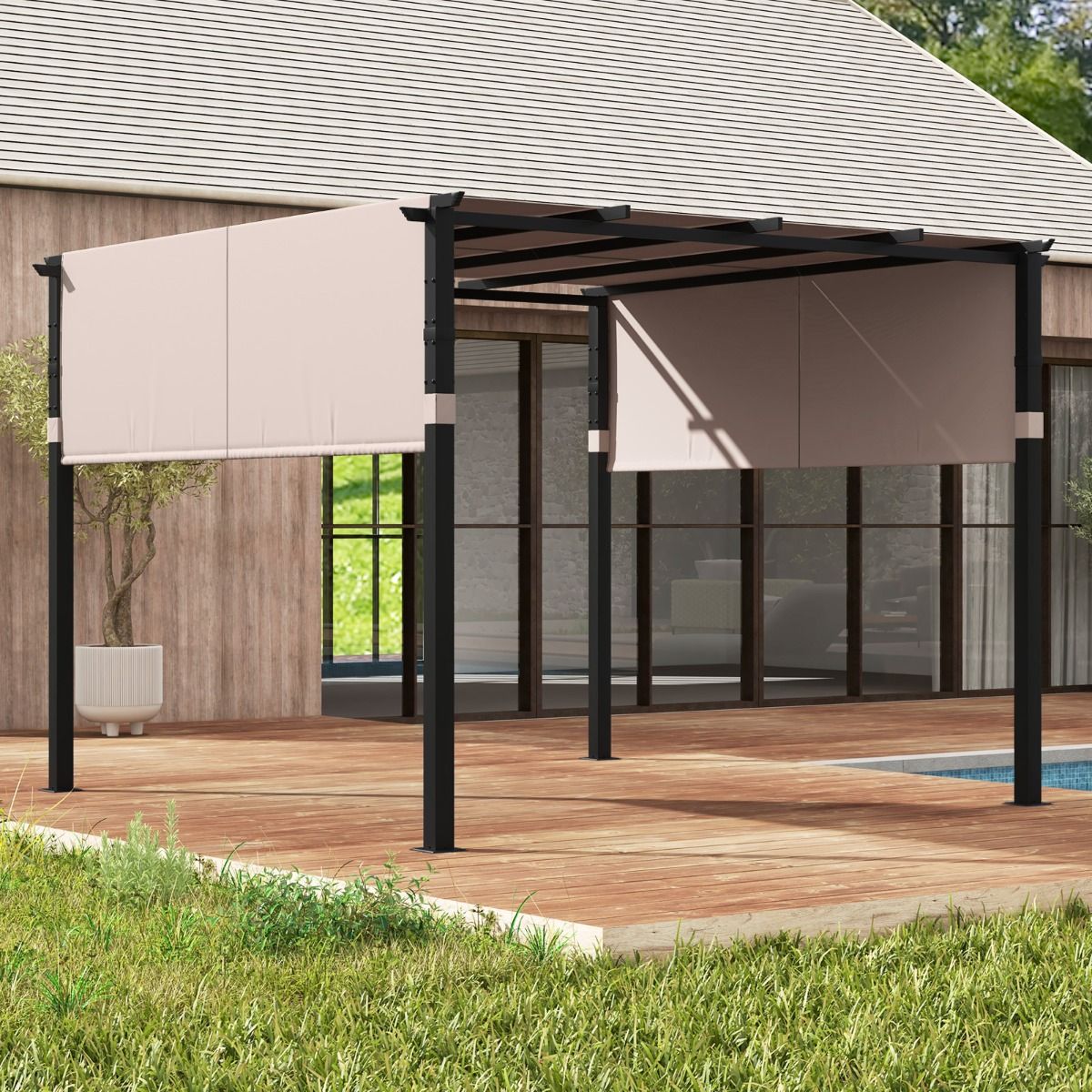 Coast - Pavillon pour barbecue / Pergola - Toit plat, auvent rétractable et 2 moustiquaires latérales - 305 x 305 cm - Métal/Polyester - Beige