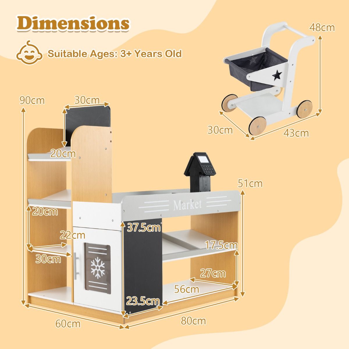 Ensemble de jeu « Coast » en bois sur le thème du supermarché pour enfants - Avec caddie et caisse - Avec tableaux noirs - Multicolore