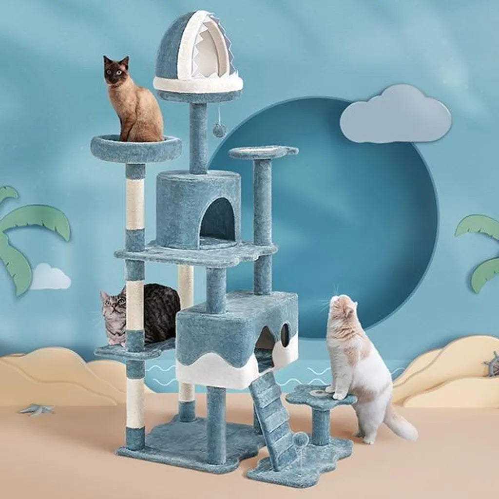 Arbre à chat Yaheetech « Océan » 93 x 55 x 184 cm - Bleu/Blanc - Arbre à chat avec maisonnettes et poteaux en sisal