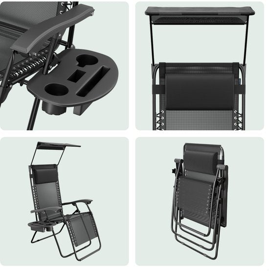 LifeGoods Chaise de jardin pliable - parasol réglable - chaise longue de jardin - 30°-90° réglable - métal - noir