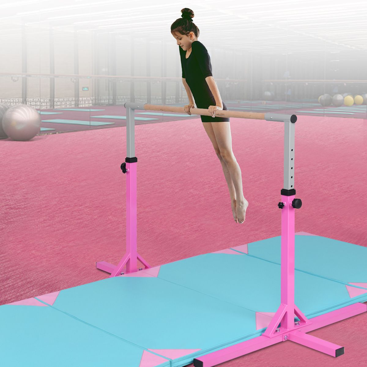 Barre de gymnastique Coast pour enfants - réglable en hauteur - structure triangulaire - rose