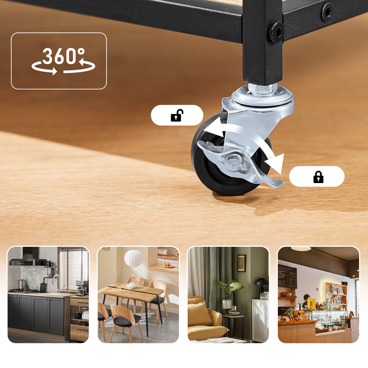 Chariot de cuisine Sobuy en bois naturel et métal noir - Chariot roulant scandinave - 89x53x37 cm