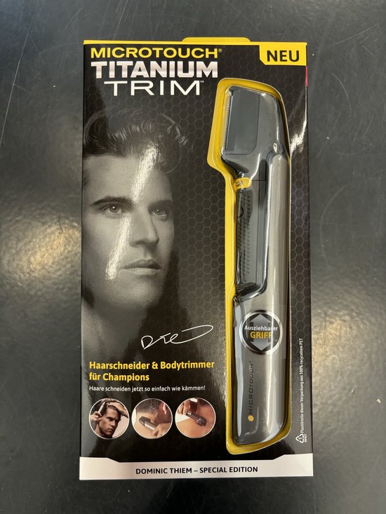 Mediashop Micro Touch Titanium Trim - tondeuse avec lames en acier inoxydable - coupe, rasage et coiffage - tondeuse pour cheveux, visage et corps - 5 embouts - tondeuse - recommandée par Dominic Thiem