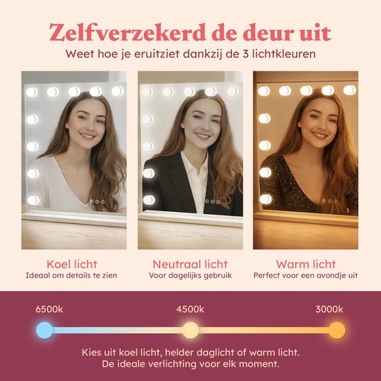 Fraay® Hollywood Mirror with Lighting 60x50cm - 3 Light modes - Luxury Make Up Mirror with 10x Magnification Mirror - LED Lighting Dimmable - Incl. 2 Beauty Blenders and Powder puff