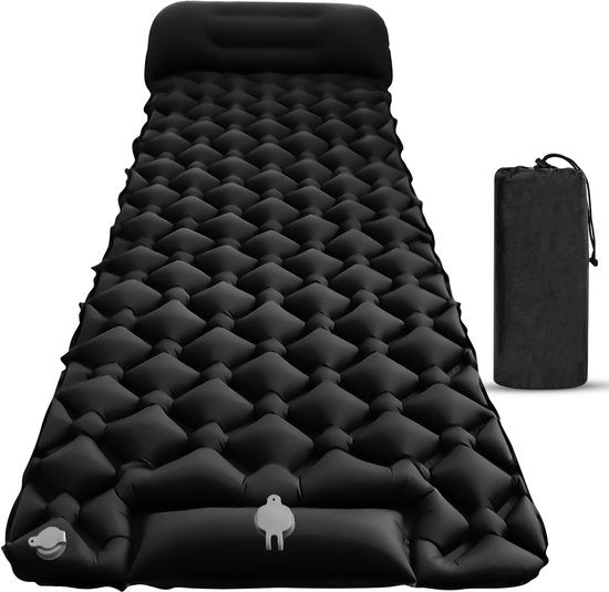 Outbee Matelas de couchage autogonflant - Lit gonflable avec pompe à pied et oreiller intégrés - 1 personne - Matelas de couchage autogonflant - Matelas gonflable avec support - 195x60x5 cm - Noir