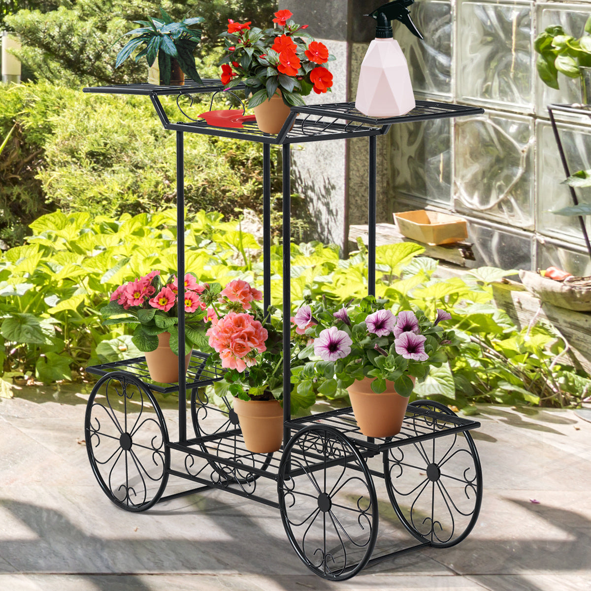 Porte-fleurs décoratif Porte-plantes avec 6 étagères avec chariots à fleurs autoportants pour intérieur et extérieur métal noir 80,5 x 25 x 75