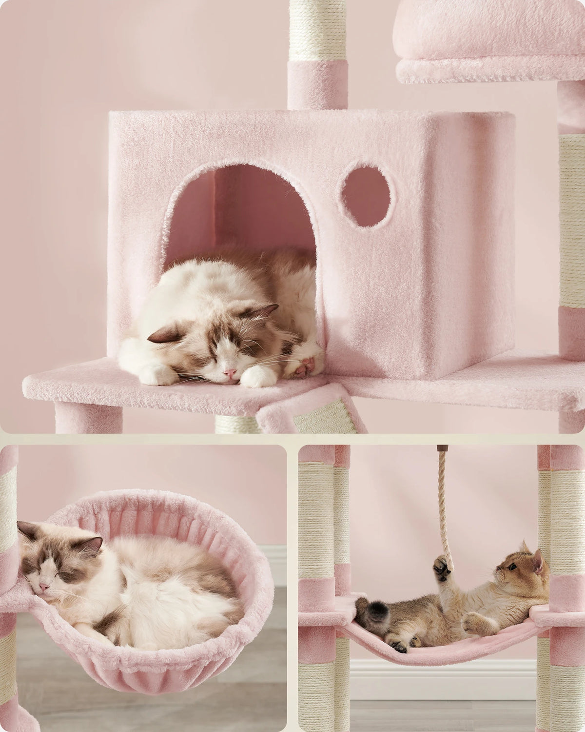 Joyfurnos Arbre à chat 206 cm - Tour pour chat XXL avec 13 poteaux à griffer, 2 maisonnettes et un hamac - Rose