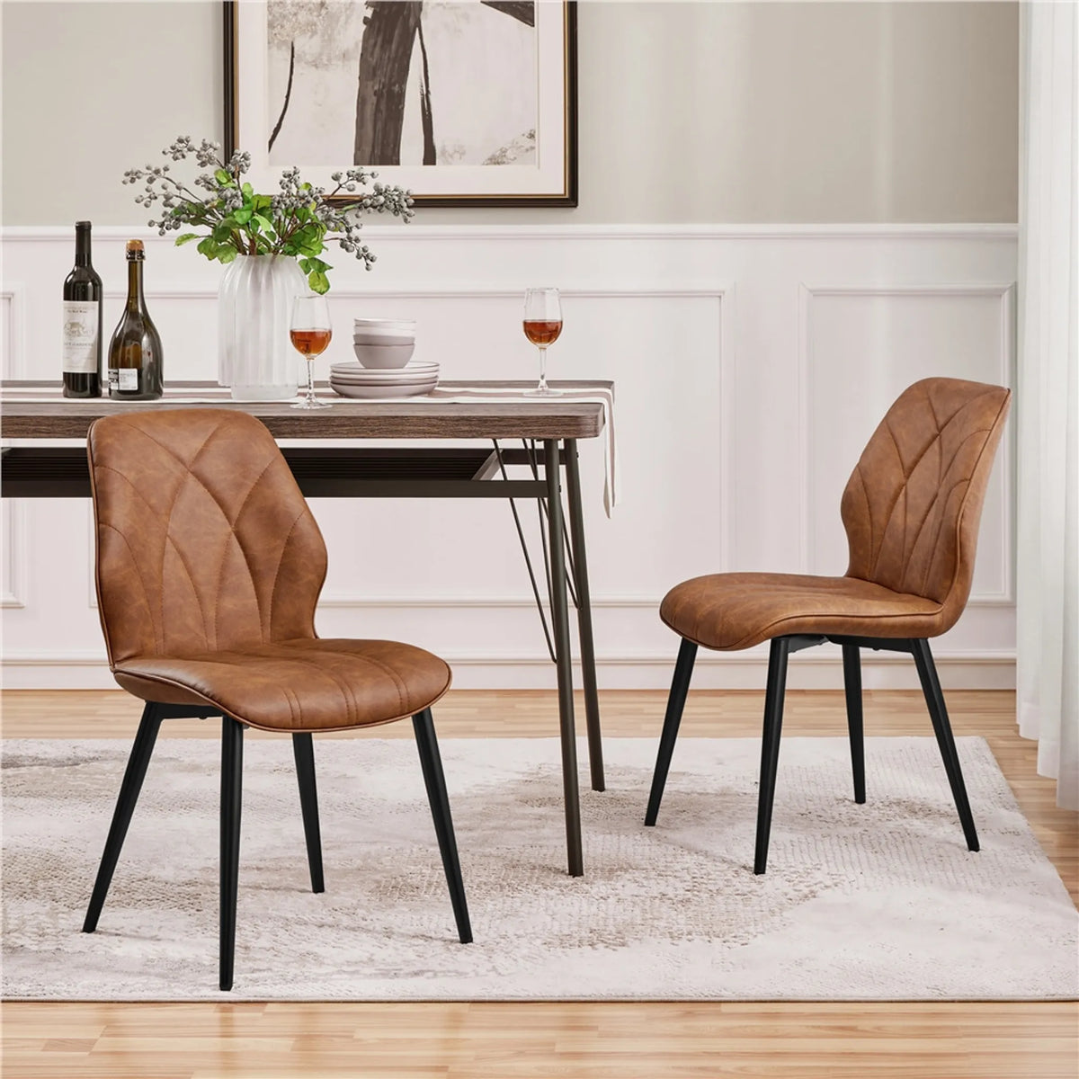 Lot de 2 chaises de salle à manger à dossier haut et pieds en métal, en similicuir marron rouille