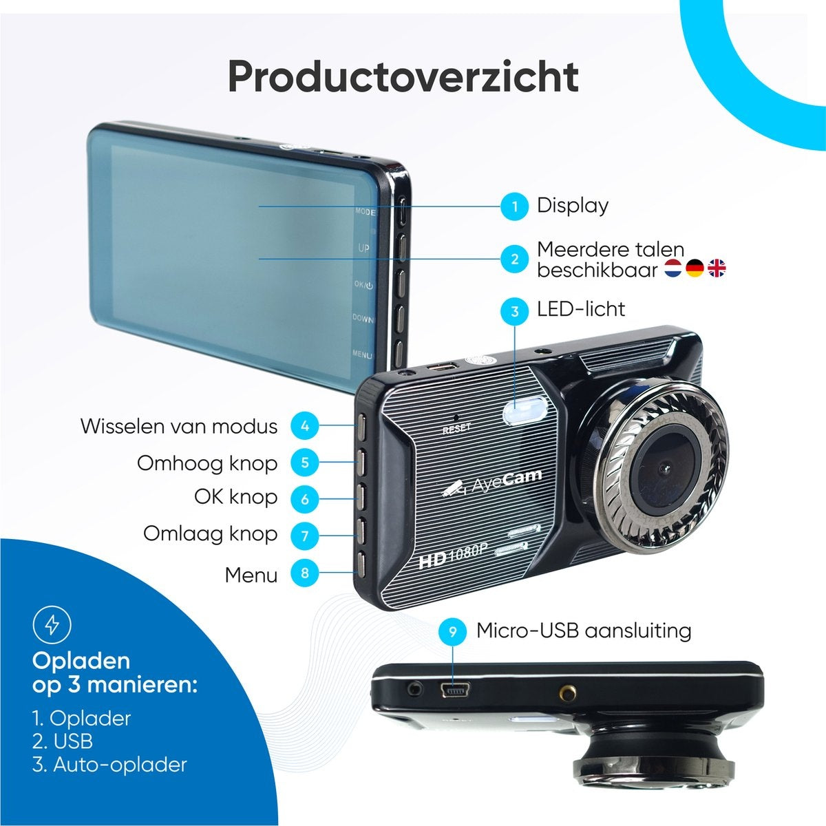 AyeCam Dashcam Pro - Dashcam pour voiture avant et arrière - FULL HD & Vision nocturne - G-Sensor - Incl. 32GB SD