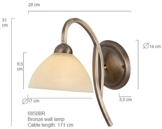 Anthea 4328BR – Applique murale classique avec structure couleur bronze et abat-jour en verre aspect marbre de 17 cm, douille E27, Steinhauer
