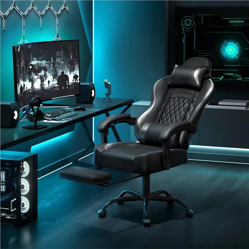 Yaheetech Gaming Chair 72 × 72 × 124.5-134 cm - Noir - Chaise de jeu ergonomique avec fonction de massage, repose-pieds et hauteur réglable