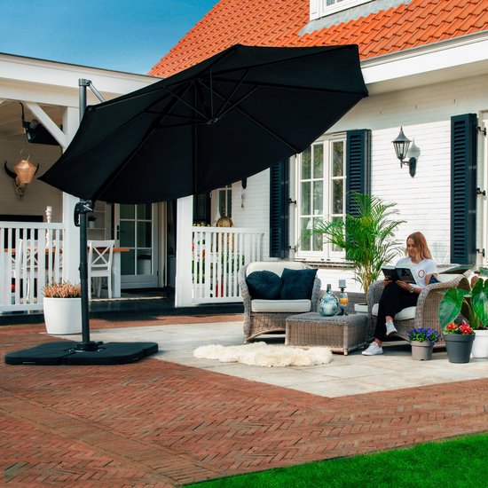 VONROC Premium Floating Parasol Bardolino Ø300cm - Base transversale et housse de protection incluses - Parasol rond - Orientable à 360° - Inclinable - Toile résistante aux UV - Noir