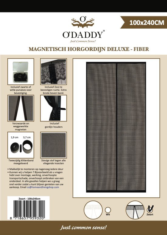 O'DADDY Rideau de porte Deluxe FIBER - Rideau à lames magnétiques - Pour nouvelles constructions et portes standard - Installation facile - Noir Hor - 100x240 cm