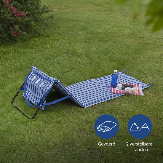 Chaise de plage et transat Campart BE-0421 - Transat et chaise pliables - Tapis de plage avec dossier réglable - Avec coussin de tête amovible - Bleu et blanc