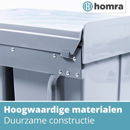 Poubelle de tri - Homra - 2x20L - Encastrable - 2 compartiments amovibles - Poubelle de cuisine - Gris