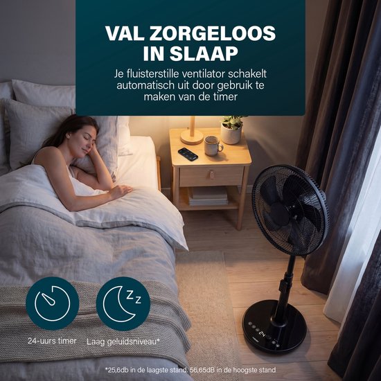 Ventilateur sur pied Princess DC - Ultra silencieux - ⌀40 cm - 24 vitesses - Réglable en hauteur – 4 modes de ventilation – Minuterie 1 à 24 heures – Oscillation à 90° – Avec télécommande - 354860