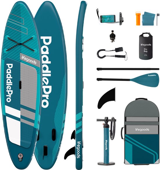 LifeGoods PaddlePro SUP Board Pro - Pro Set - Planche à pagaie gonflable - Max. 150KG - 320x81cm - Deep Aqua