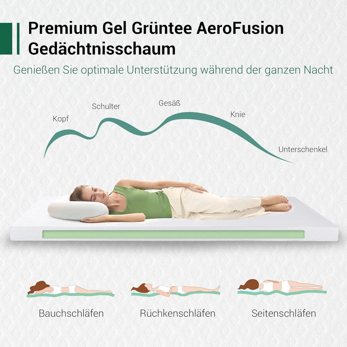 Surmatelas Ego Home Gel 140 x 200 x 9 cm - Mousse à froid au thé vert - Dureté H2 - Housse amovible et lavable