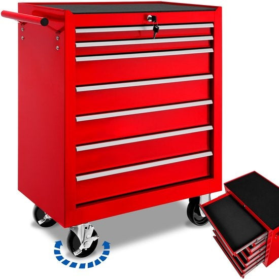 tectake® - Chariot à outils avec 7 tiroirs - chariot d'atelier, atelier mobile, chariot à outils vide, boîte à outils, 7 tiroirs, 69 x 33 x 79 cm, roues avec frein, incl. 2 clés - rouge