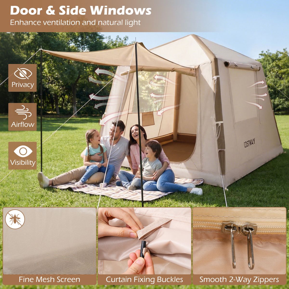 Tente de camping gonflable Coast - 2 à 4 personnes - Pompe et sac de transport inclus - Kaki - 210 x 210 x 180 cm